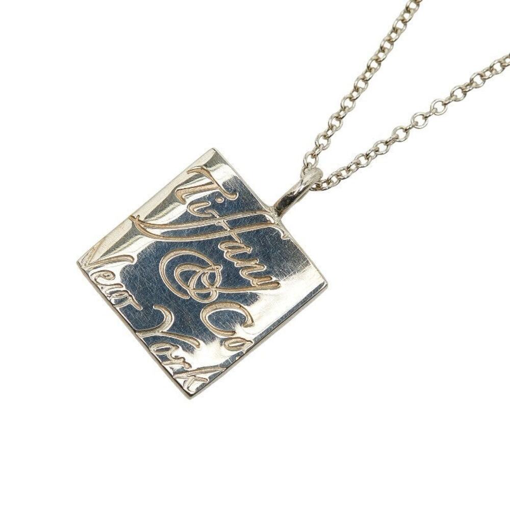 Tiffany & Co. Notes Square Logo Plate Sterling Silver 925 Necklace